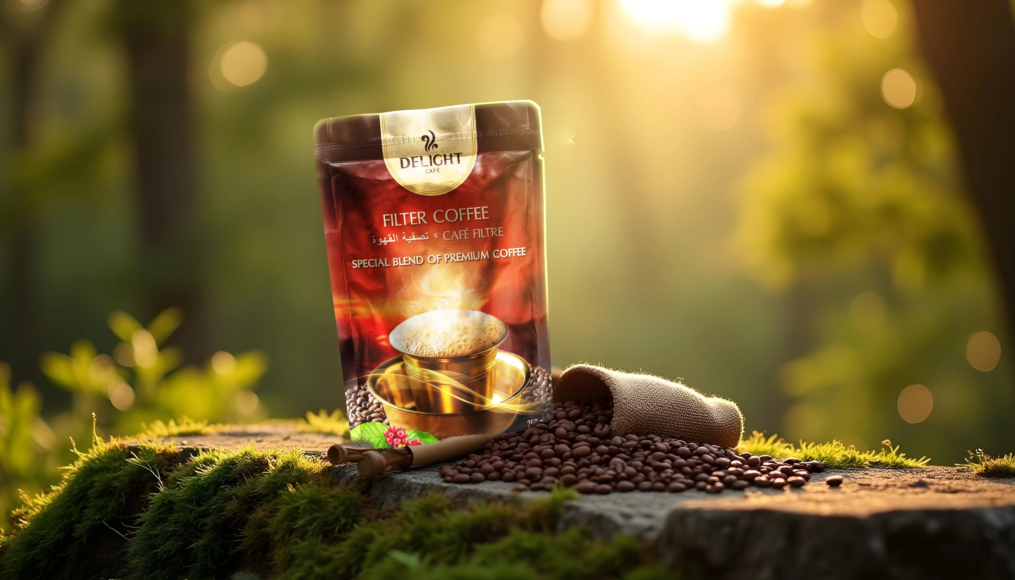 Delight Café filter coffee pouch packaging mockup in a nature setting